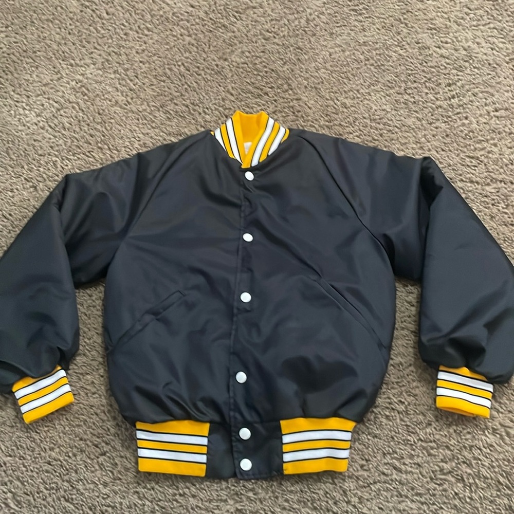 Vintage BIKE quilted unisex black jacket with gold white & black trim Sz Small